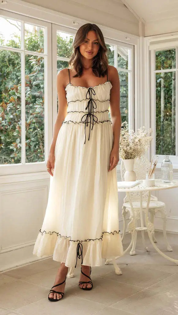 Women's Boho Maxi Dress Spaghetti Strap – Smocked Waist Ruffle Hem