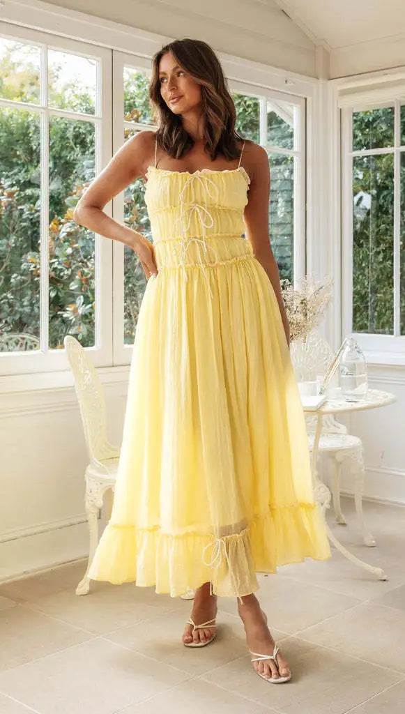 Women's Boho Maxi Dress Spaghetti Strap – Smocked Waist Ruffle Hem