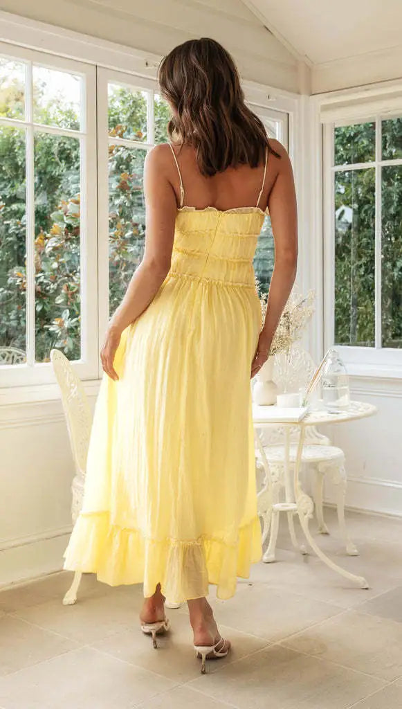 Women's Boho Maxi Dress Spaghetti Strap – Smocked Waist Ruffle Hem