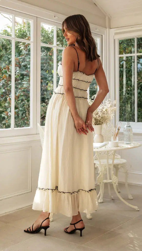 Women's Boho Maxi Dress Spaghetti Strap – Smocked Waist Ruffle Hem