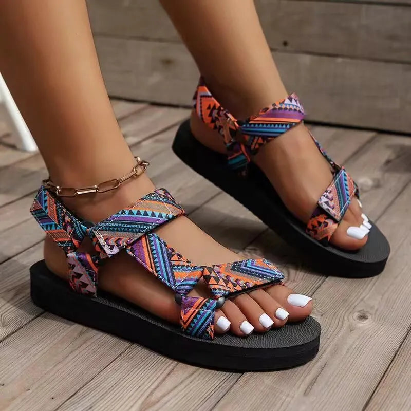 Women's Flat Sandals – Geometric Print Crossover Boho Straps