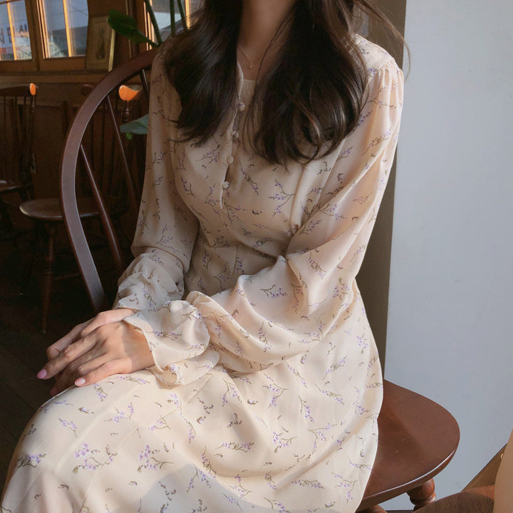 Floral Chiffon Long Sleeve Dress – Lightweight Flowing Silhouette