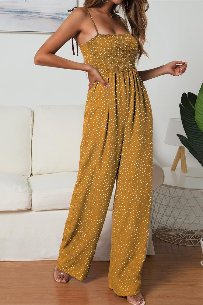 Women's Wide Leg Jumpsuit – Smocked Bodice & Spaghetti Straps