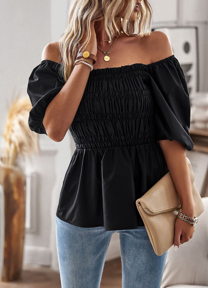 Off-Shoulder Peplum Blouse – Ruffled Sleeves Cinched Waist