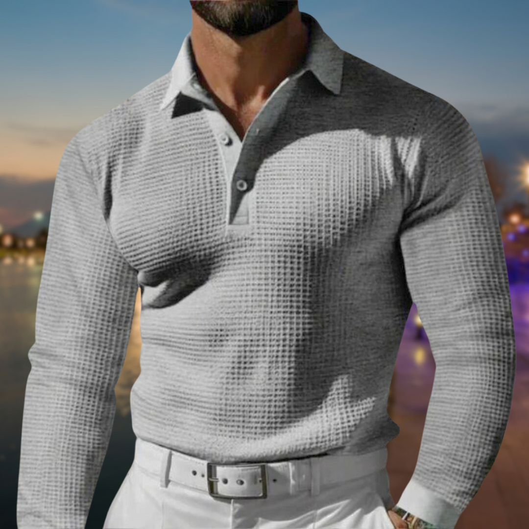 Men's Polo Shirt Long Sleeve Woven Button Placket – Relaxed Vacation