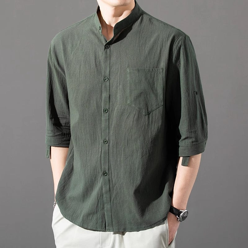 Men's Cotton Linen Blend Shirt – Band Collar Three-Quarter Sleeve