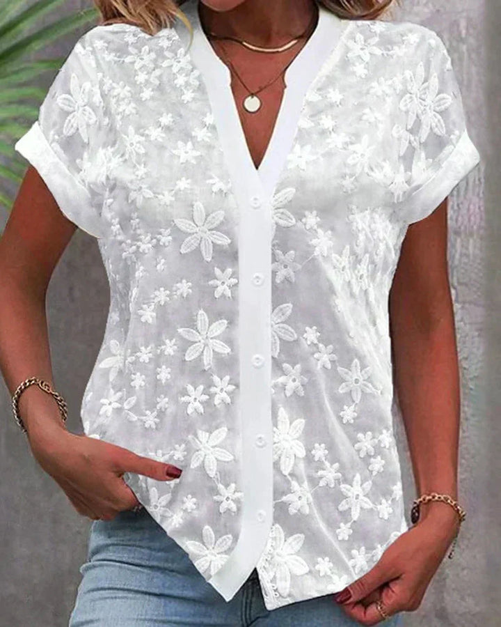 Women's Embroidered Lace Blouse – V-Neck Button-Front