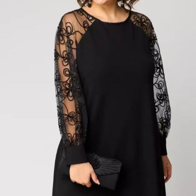 Women's Midi Dress Lace Sleeves – Floral A-Line Elegant