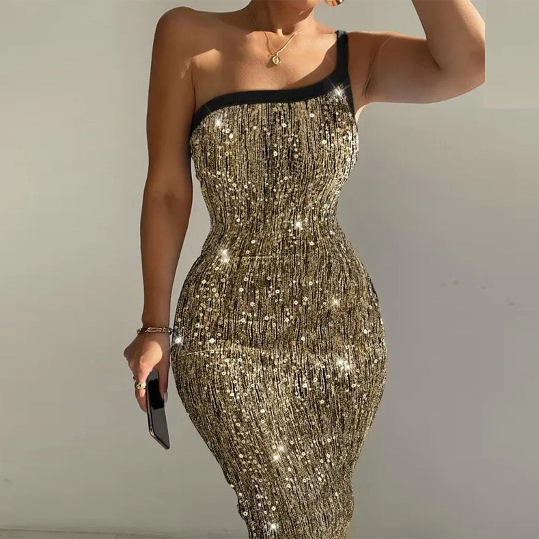 Women's Sequined Bodycon Cocktail Dress – Single Shoulder