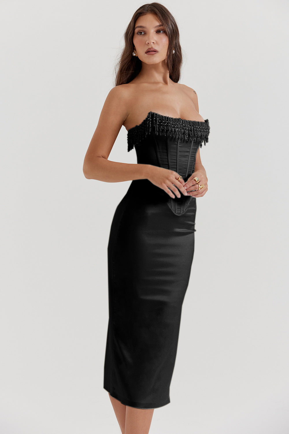 Cold Shoulder Midi Dress – Pearl Fishbone Structured Fit