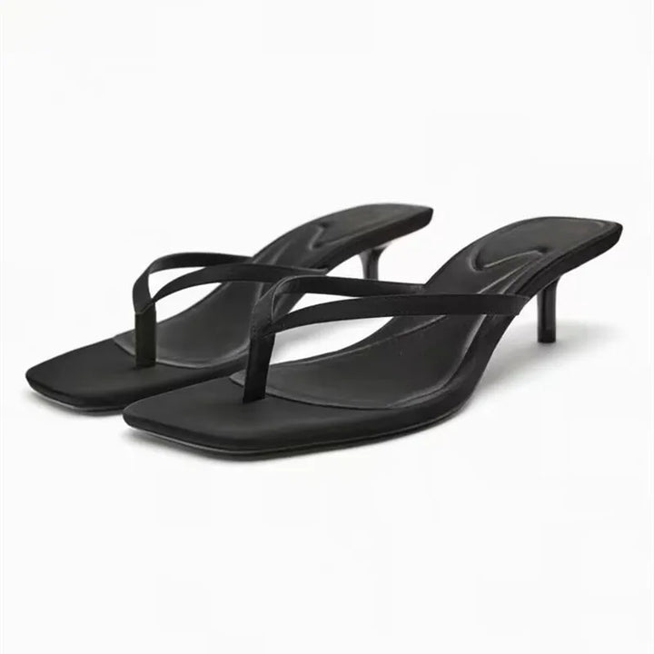 Kitten Heel Thong Sandals – Square Toe, Slim Straps, Slip-On