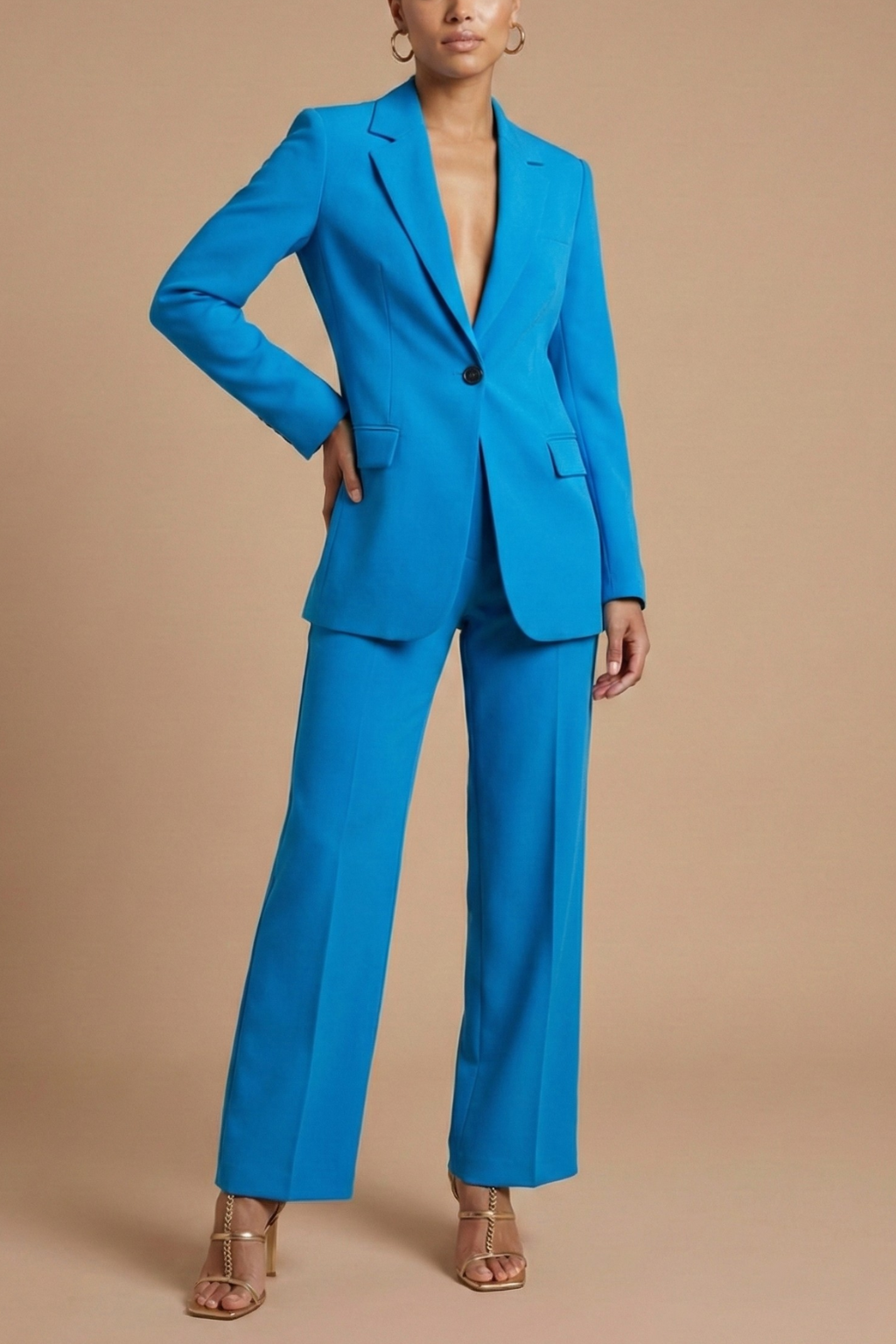 Women's Two Piece Suit Notch Lapel Single Button Blazer – Wide Leg Trousers