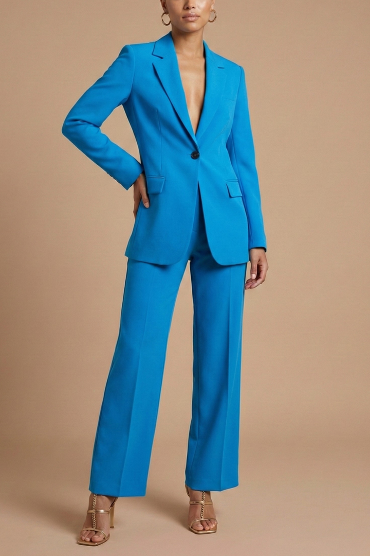 Women's Two Piece Suit Notch Lapel Single Button Blazer – Wide Leg Trousers