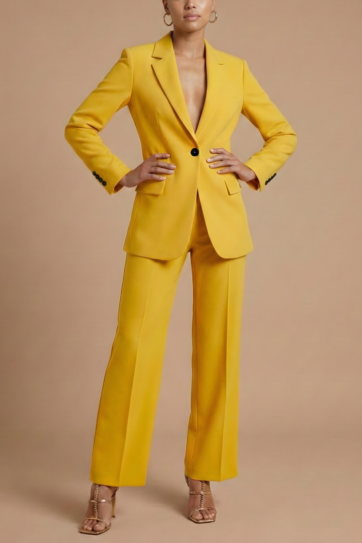 Women's Two Piece Suit Notch Lapel Single Button Blazer – Wide Leg Trousers