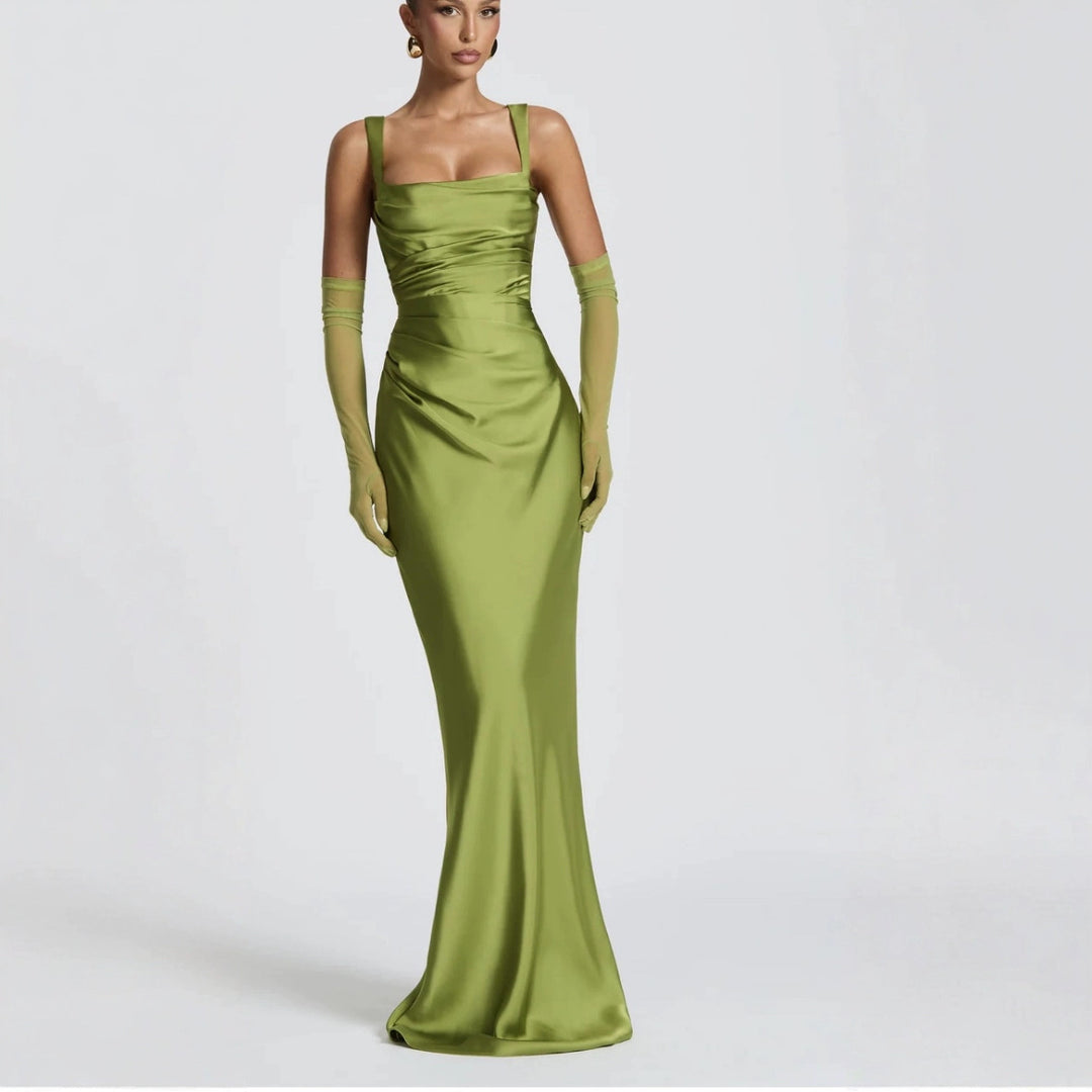 Satin Maxi Dress – Draped Waist Elegant Fit for Women