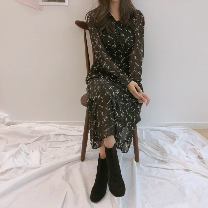 Floral Chiffon Long Sleeve Dress – Lightweight Flowing Silhouette