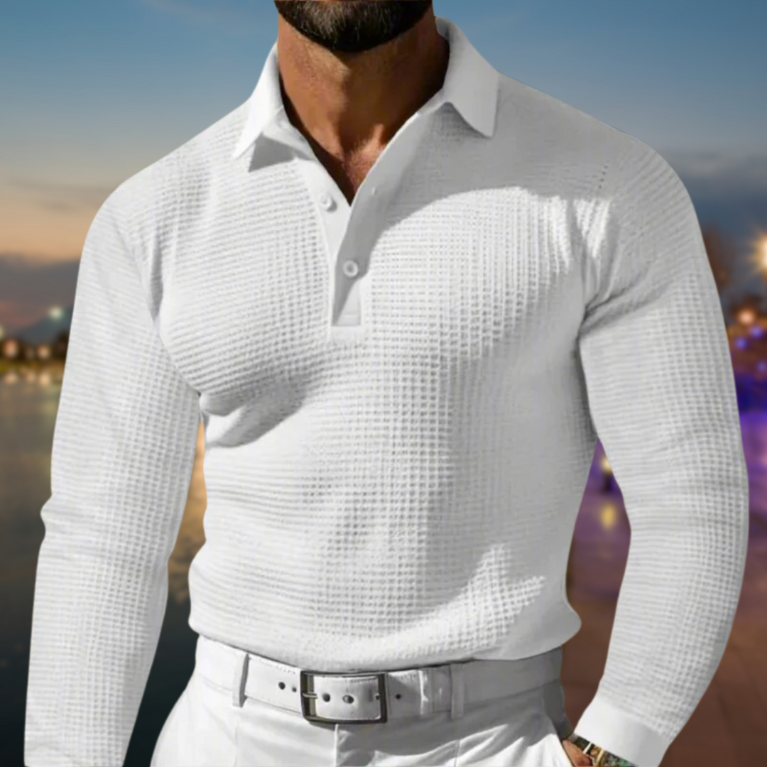 Men's Polo Shirt Long Sleeve Woven Button Placket – Relaxed Vacation