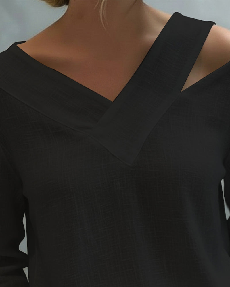 Women's Textured Long Sleeve Blouse – Asymmetric V-Neck