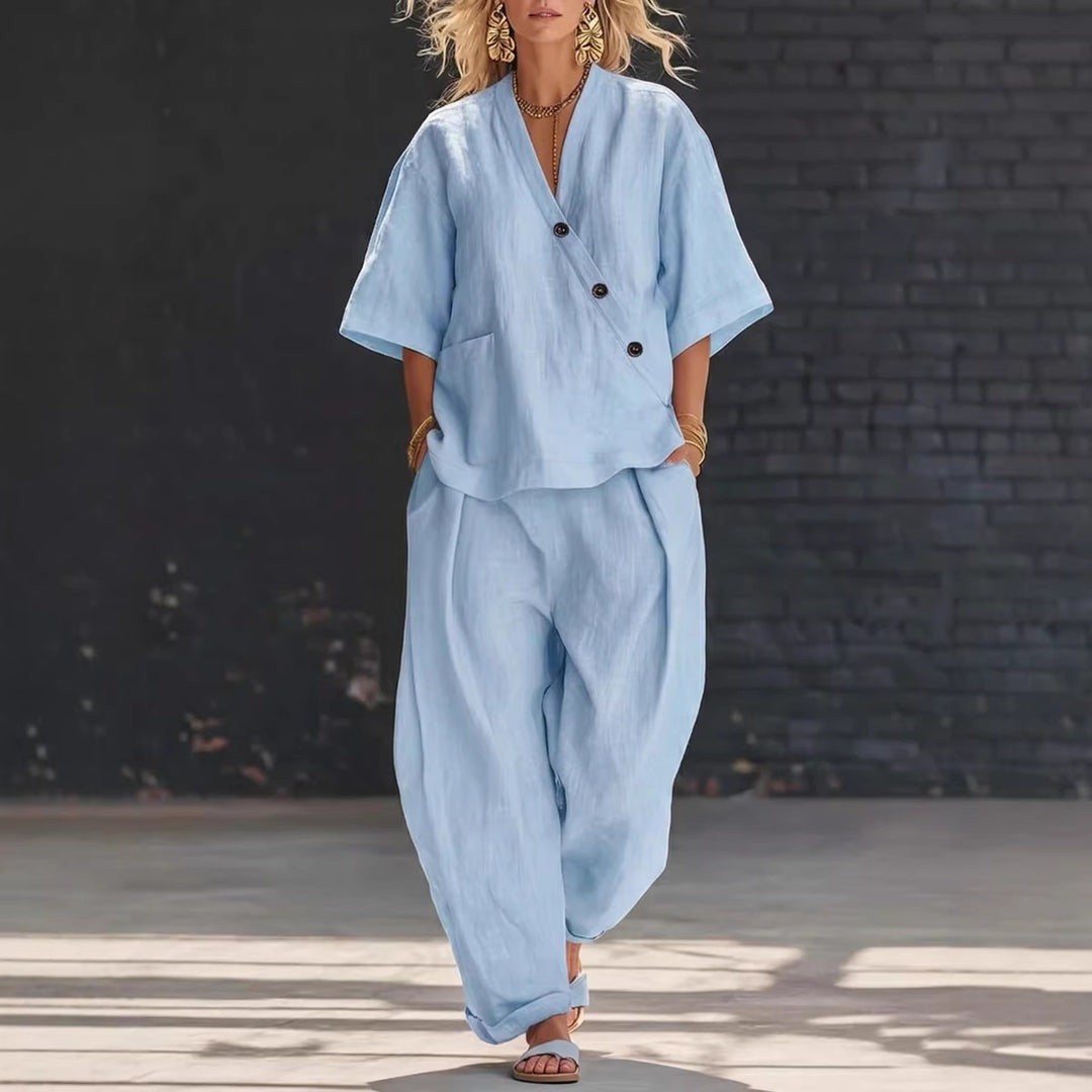 Women's Two Piece Set V-Neck Top & Wide-Leg Trousers