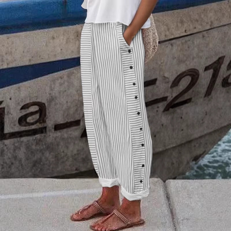 Wide Leg Striped Trousers – Women's Relaxed Fit Lightweight Pants