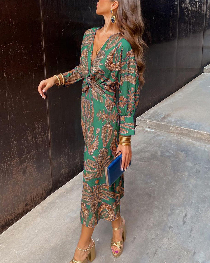 Women's A-Line Maxi Dress – V-Neck Front Knot Detail Wedding Guest