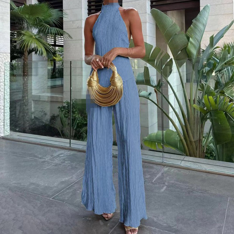 Women's Two Piece Set Sleeveless Halter Top – Wide-Leg Trouser Elastic Waist