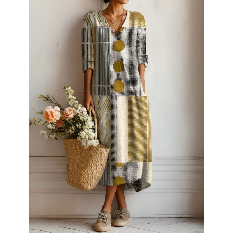 Printed Midi Dress – Women's Retro Art Pattern Relaxed Fit