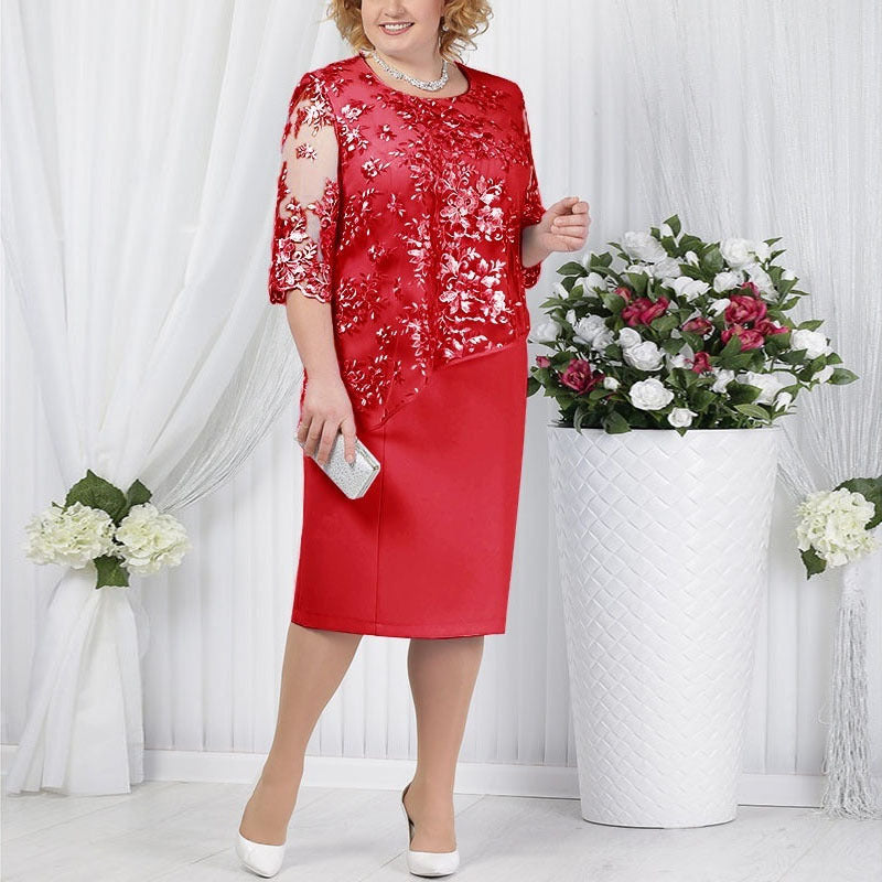 Women's Midi Dress | Lace Faux Two-Piece Relaxed Fit