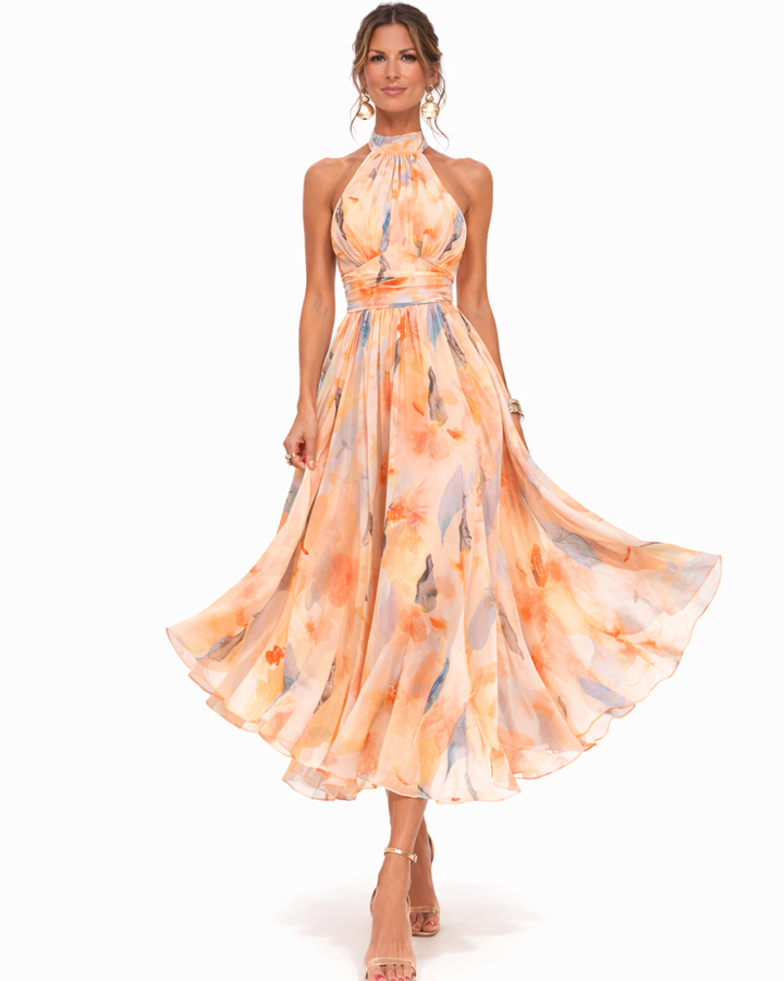 Women's Printed Halterneck Midi Dress – Flowing Occasion Style