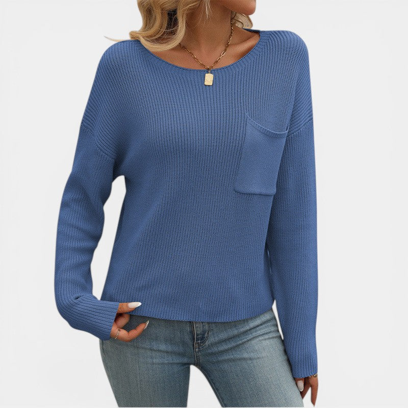Women's Knit Sweater – Ribbed Knit Crew Neck Relaxed Fit Chest Pocket