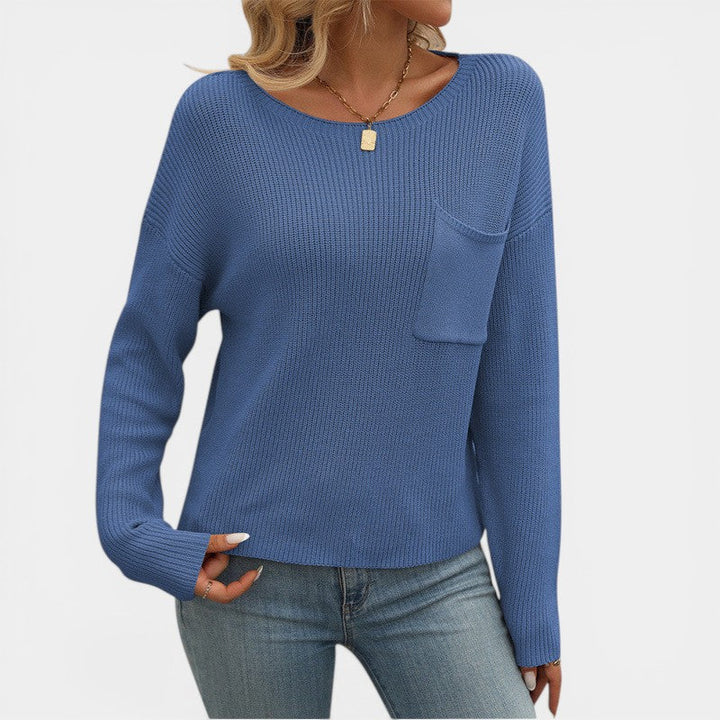 Women's Knit Sweater – Ribbed Knit Crew Neck Relaxed Fit Chest Pocket