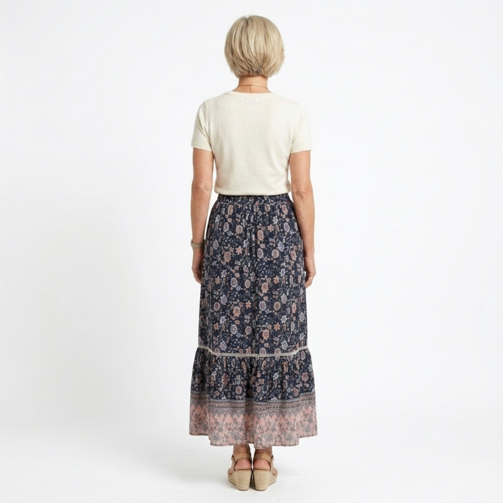 Floral Maxi Skirt – High-Waist Drawstring A-Line, Cotton
