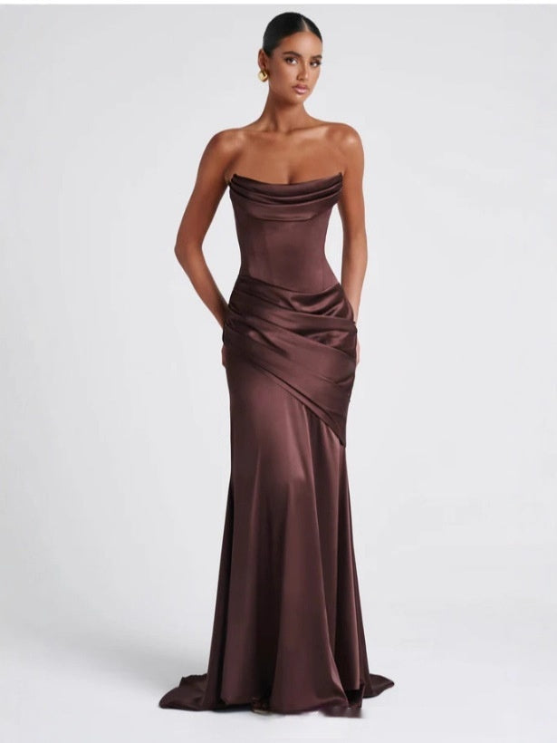 Satin Maxi Dress – Strapless Ruched Bodycon Evening Gown