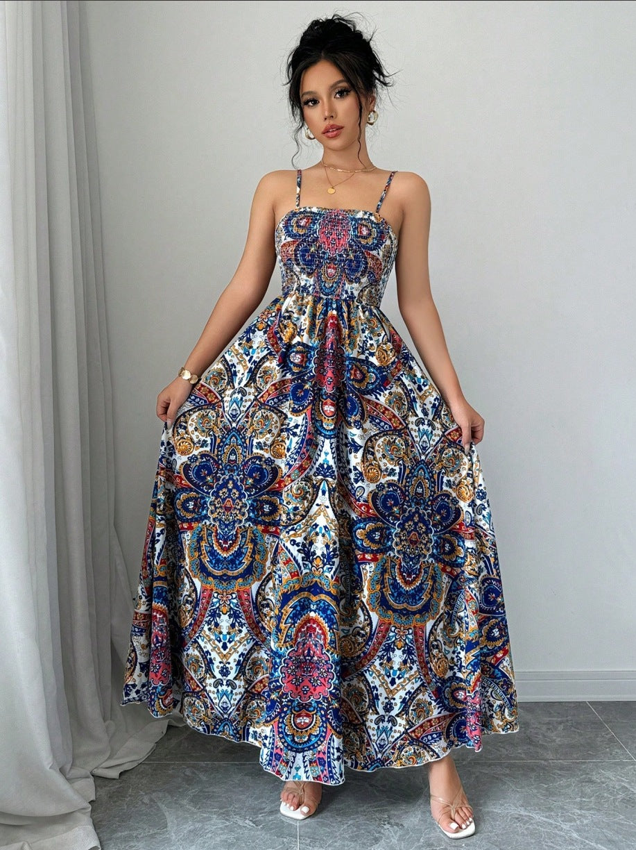 Floral Maxi Dress – Smocked Bustier Adjustable Straps Boho