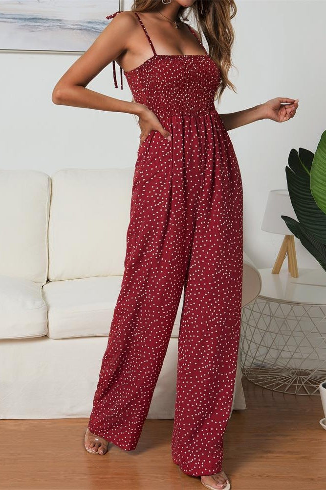 Women's Wide Leg Jumpsuit – Smocked Bodice & Spaghetti Straps