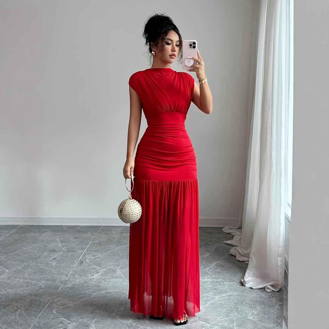 Women's Mesh Pleated Maxi Dress – Sleeveless Ruched Waist High Neck