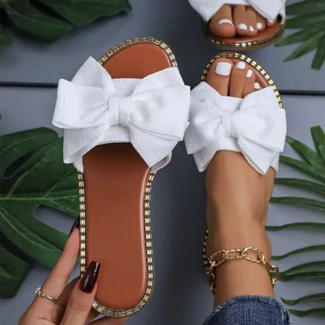 Women's Flat Sandals Slip-On Mules Decorative Bow – Non-Slip Vegan Leather