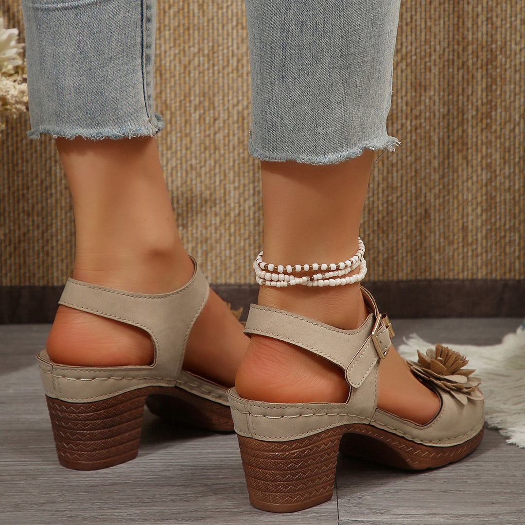 Women's Chunky Heel Sandals – Flower Detail, Platform, T-Strap Buckle