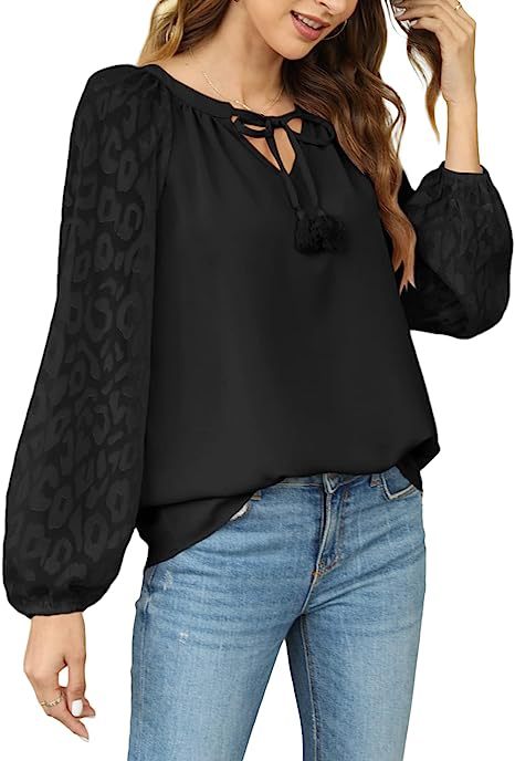 Chiffon Lace Blouse for Women – V-Neck Long Sleeve Loose Fit