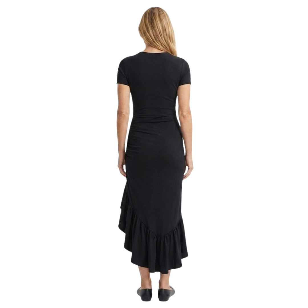 High-Low Maxi Dress – Ruched Side & Asymmetric Ruffle Trim
