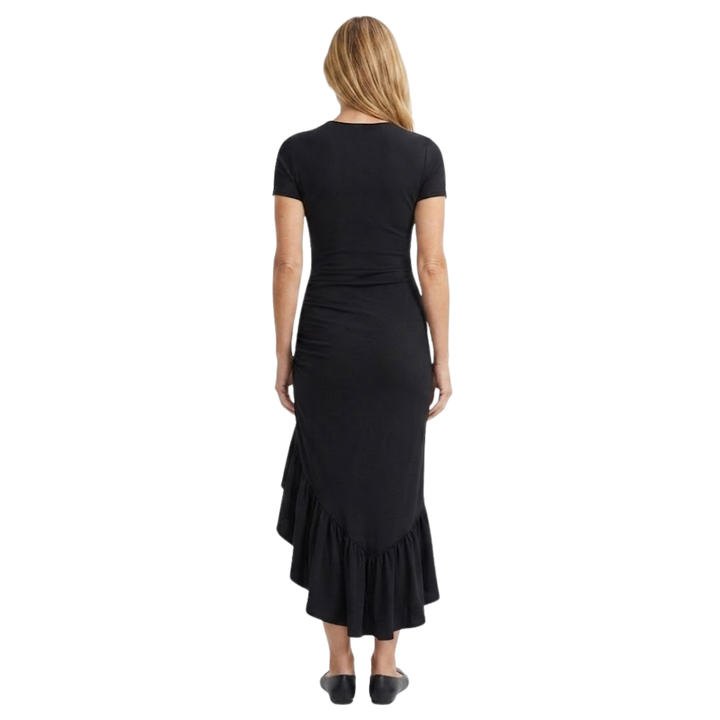 High-Low Maxi Dress – Ruched Side & Asymmetric Ruffle Trim