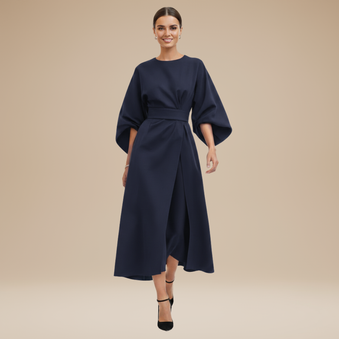 Women's Belted Wrap Midi Dress – Wide Flowing Sleeves Draped Waist