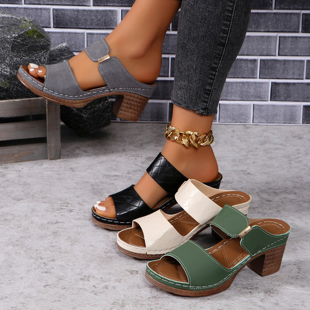 Women's Chunky Heel Sandals Plaid Texture – Round Toe Two-Strap Slide