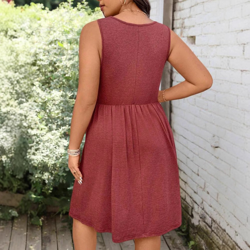 Women's Midi Dress – Flowy V-Neck Empire Waist Button Detail