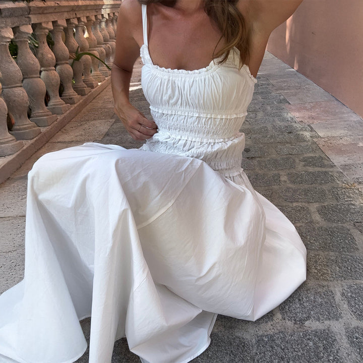 Cotton Maxi Dress – Shirred Square Neck Spaghetti Strap