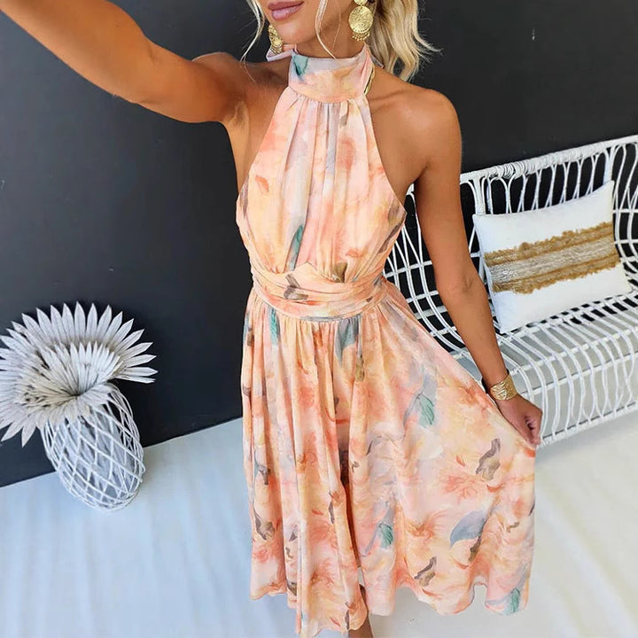 Maxi Dress Women – Watercolour Print Halter Neck & Tie Waist