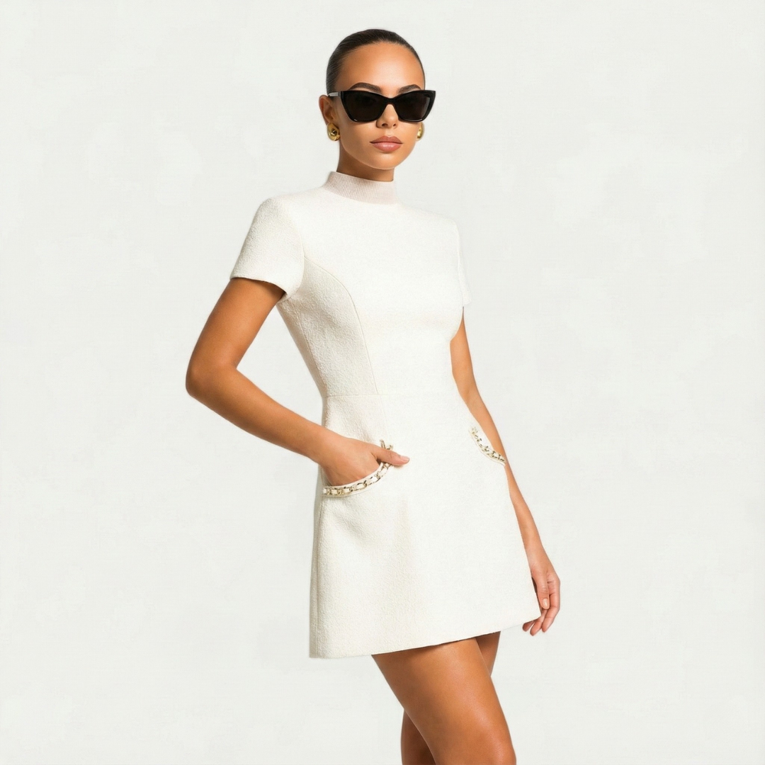 Women's Pearl Trim Mini Dress Short Sleeve – Tailored Pockets
