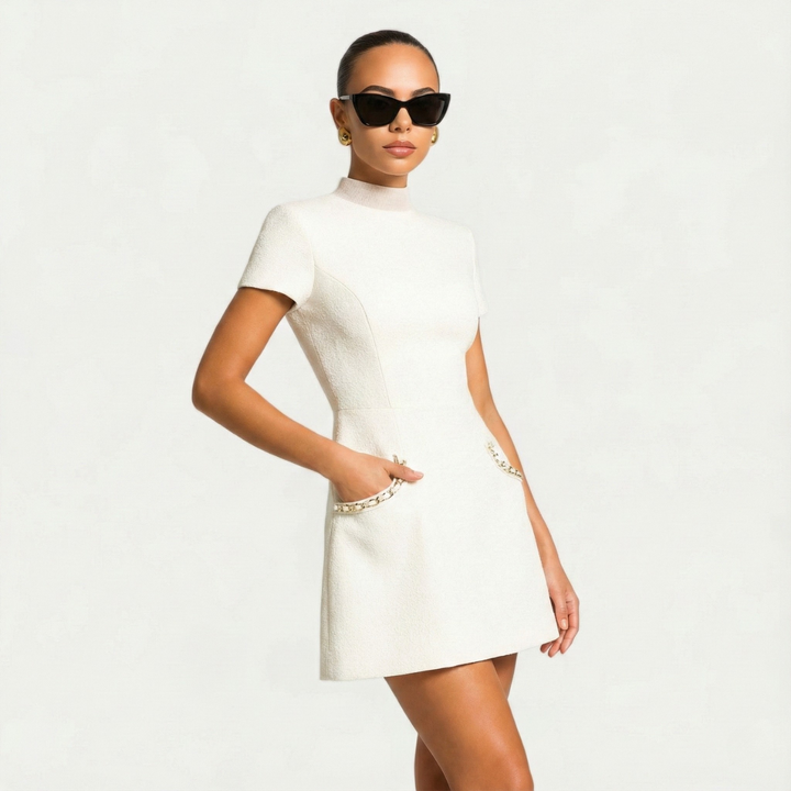 Women's Pearl Trim Mini Dress Short Sleeve – Tailored Pockets