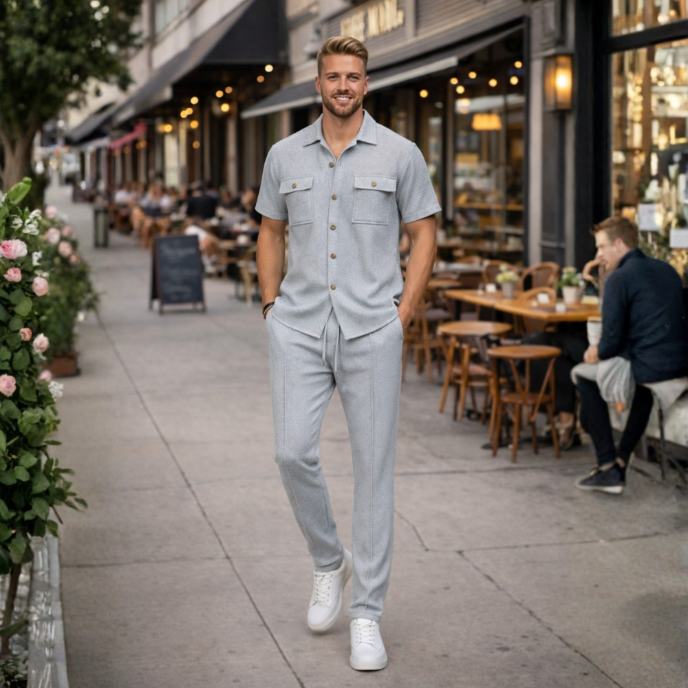 Men's Waffle-Knit Two-Piece Set – Relaxed Matching Shirt & Shorts