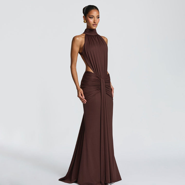 Women's Ruched Bodycon Maxi Dress – Backless Halter Cut-Out